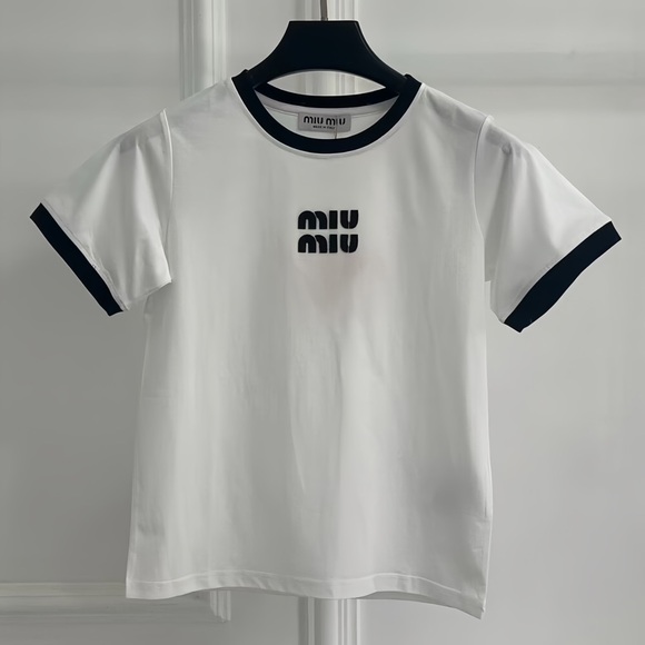 Meet the Posher Tops - Miu Miu White Flocked Logo Short-Sleeve T-Shirt,